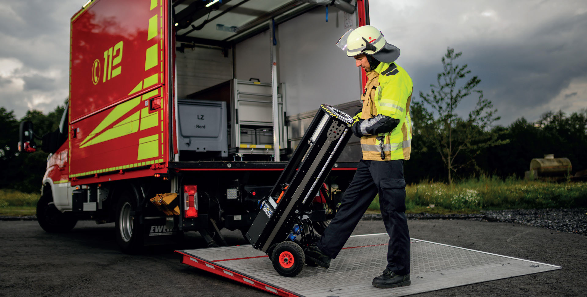 A single operator striking a BaseLight tower from a response vehicle